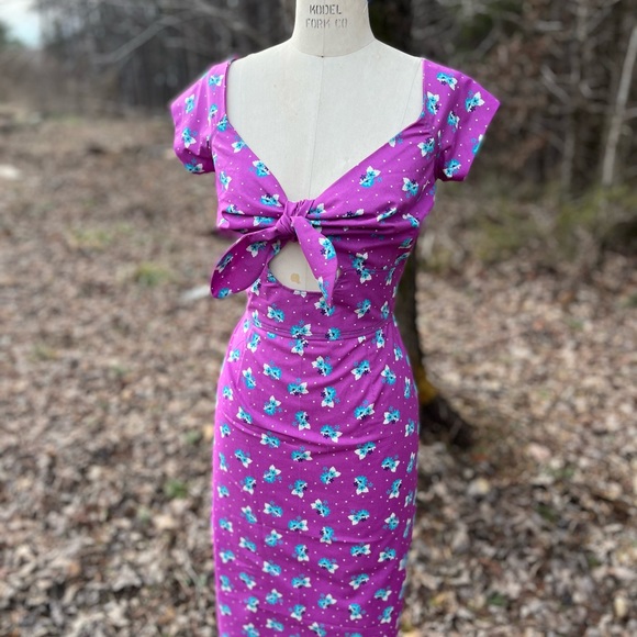Purple & Teal Floral Dot Keyhole Retro Pinup Wiggle Dress w/Reversible Bolero - Picture 5 of 11